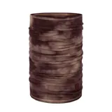Cuello multifuncional de lana merino, diseño tubular sin costuras con estampado efecto tie-dye en tonos marrones.