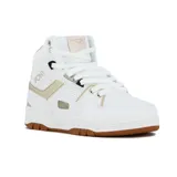 Zapatillas urbanas de caña alta Pony M100 para mujer, en color blanco con detalles dorados y suela de goma marrón.