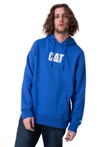 Hoodie canguro de fleece azul con logo Cat bordado en el pecho, capucha con cordones ajustables y bolsillo delantero tipo canguro.