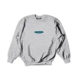 Buzo de algodón color gris melange, con cuello redondo y mangas largas. Presenta un estampado frontal pequeño con el logo de la marca en tipografía estilo graffiti en tonos azules.