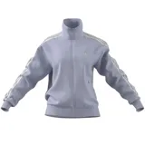 Campera Adidas Firebird color violeta con cierre frontal, cuello alto y tres rayas blancas en las mangas.