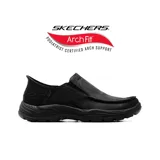 Zapatos casuales Skechers modelo Slip-ins Arch Fit Motley Milo para hombre, color negro. Confeccionados en cuero con diseño tipo mocasín sin cordones, cuentan con tecnología Heel Pillow en el talón para un ajuste firme, plantilla acolchada Air-Cooled Memory Foam y soporte de arco certificado.