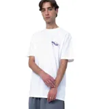 Remera blanca de manga corta con cuello redondo y estampado frontal de la marca Santa Cruz en color violeta con detalles de estrellas.