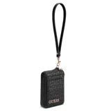Billetera Guess modelo Elliot de color negro, confeccionada en símil cuero con diseño en relieve del logo de la marca. Cuenta con cierre perimetral, ranuras para tarjetas en el exterior, correa de muñeca desmontable y herrajes metálicos en tono dorado, incluyendo el nombre de la marca en el frente.