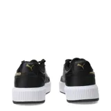 Championes Puma modelo Carina Mia Topcat, de color negro con plataforma blanca. Presentan el logo de la marca en dorado y una franja lateral con estampado animal print tipo leopardo.