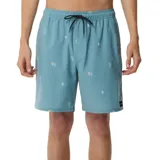 Short de baño Rip Curl modelo Skelly Breach, color celeste con sutil estampado tropical de palmeras y atardeceres. Cuenta con cintura elastizada y cordón de ajuste negro.