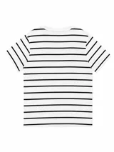 Remera de cuello redondo y manga corta con diseño de rayas horizontales negras sobre fondo blanco.