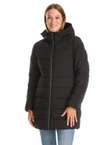 Campera puffer de corte midi y silueta entallada, con acabado mate. Presenta cuello alto con capucha integrada, cierre frontal y bolsillos laterales con cierre. El diseño incluye un capitoneado horizontal que transiciona a costuras en V en la parte superior del torso.