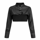Campera tipo bolero de cuero sintético negro, con cuello alto y cierre frontal mediante dos hebillas metálicas. Presenta mangas largas y diseño ultra corto.