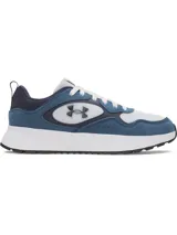 Championes Under Armour modelo Mirage, con diseño retro inspirado en el running. Presenta una parte superior de malla transpirable con superposiciones de gamuza y cuero en tonos azul y blanco. Incluye entresuela de EVA para mayor amortiguación y suela de goma resistente.