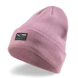 Gorro tipo beanie de punto en color gris oscuro jaspeado, con vuelta y parche rectangular frontal con el logo de la marca Puma.