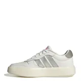 Championes urbanos Adidas Lite Court para mujer, color blanco con detalles en gris y rosa. Presentan las tres tiras laterales en color gris y logo Adidas en rosa en la lengüeta.