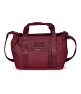 Bolso tipo tote de tamaño pequeño, color negro, con doble asa de mano y correa ajustable para el hombro. Presenta un bolsillo frontal con cierre y un diseño funcional con cierre superior.