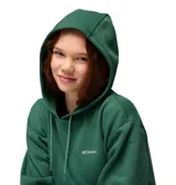 Buzo tipo canguro Columbia para mujer, color verde oscuro, con capucha ajustable con cordón, bolsillo frontal tipo canguro y puños y dobladillo acanalados. Presenta el logo de la marca bordado en el pecho.