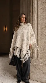 Poncho de tejido de punto color crudo, con cuello alto, diseño holgado y terminación con flecos largos en el ruedo.