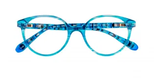 Armazón de acetato color celeste con diseño carey, de forma redonda.