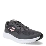 Championes deportivos Topper modelo Wind 5, color gris con detalles en rosado. Presentan una capellada de malla transpirable con refuerzos sintéticos, cierre con cordones y suela de goma blanca con amortiguación.