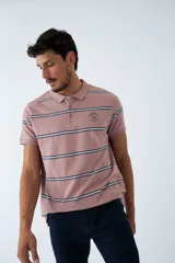 Remera tipo polo de manga corta, color rosado con rayas horizontales en tonos azul y blanco. Cuenta con cuello clásico, cierre frontal de tres botones y logo estampado en el pecho.