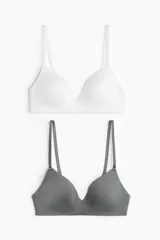 Pack de dos soutiens sin aros, uno blanco y otro gris oscuro, con copas ligeramente moldeadas y breteles finos ajustables.