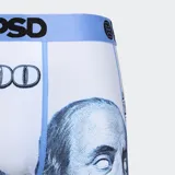 Calzoncillos bóxer estampados con billetes de 100 dólares, con pretina elástica celeste con logo de la marca.
