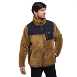 Campera de polar tipo sherpa color marrón, con paneles de tela técnica negra en el pecho y bolsillos con cierre. Presenta cuello alto y cierre frontal completo.