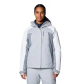 Campera técnica de esquí Columbia con tecnología Omni-Tech impermeable y forro termorreflectante Omni-Heat. Presenta diseño tricolor en tonos gris y blanco, capucha ajustable compatible con casco, cierre frontal con solapa protectora, bolsillo en el pecho con cremallera sellada y puños con orificios para pulgares.