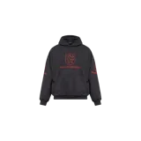 Hoodie Balenciaga de color gris oscuro, con capucha y bolsillo tipo canguro. Presenta un diseño bordado en color rojo en el pecho con un escudo y la inscripción de la marca, además de detalles bordados en las mangas.