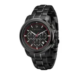 Reloj cronógrafo Maserati de acero color negro, con esfera texturizada en el mismo tono, detalles en rojo y blanco, y pulsera de eslabones metálicos.