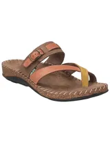 Sandalias de cuero para mujer, modelo Paradise de RKF, con diseño multicolor en tonos marrón, terracota y detalles en amarillo. Posee capellada y plantilla de cuero, tira ajustable con hebilla y suela de poliuretano efecto corcho.