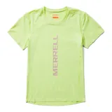Remera deportiva de manga corta color verde lima, con cuello redondo y logo de la marca estampado verticalmente en el centro del frente.