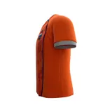 Camiseta de fútbol de Países Bajos, color naranja con diseño pixelado en la parte frontal y detalles en gris y azul.