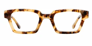 Armazón de receta con diseño rectangular y ángulos marcados, fabricado en bio-acetato con estampado carey claro.