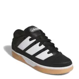 Championes urbanos Adidas modelo Break Start 2000, de diseño inspirado en el skate. Presentan una base de cuero sintético negro con las icónicas tres bandas laterales en blanco, suela de goma color caramelo y entresuela blanca.