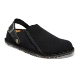 Zueco negro de cuero gamuzado, con tira trasera ajustable con hebilla metálica.