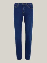 Pantalón de jean azul oscuro, de corte recto y talle medio, con diseño clásico de cinco bolsillos.