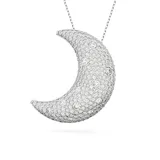 Colgante con cadena plateada y dije de media luna adornada con cristales blancos.