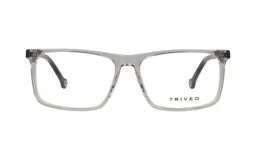 Armazón para anteojos Triveo modelo 302/57 col 02, de acetato color gris transparente, con forma rectangular y patillas delgadas.