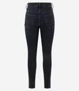 Pantalón skinny de cintura alta confeccionado en denim negro con elastano, con cierre de botón y cremallera, trabillas para cinturón y bolsillos funcionales en la parte delantera y trasera.