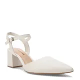Zapatos de mujer marca Bottero, color blanco, con diseño de punta fina, taco block y tira ajustable al tobillo con hebilla metálica.