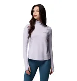 Remera deportiva de manga larga con cierre frontal parcial, cuello alto y orificios para los pulgares en los puños. Presenta un diseño técnico en color lila con el logo de la marca estampado en el pecho.