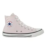 Zapatillas Converse Chuck Taylor All Star de caña alta color rosa claro, con cordones blancos y suela de goma blanca con línea negra. Logo de Converse Chuck Taylor All Star en el lateral.