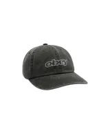 Gorra de seis paneles con efecto lavado, color negro, con logo bordado en el frente.