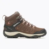 Bota de trekking Merrell modelo Crosslander 3 Mid WP, color marrón con detalles en negro y rosa. Diseño de caña media con membrana impermeable, puntera protectora, entresuela de espuma EVA y suela de goma con tracción.