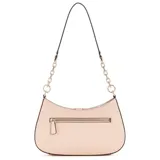 Cartera tipo hobo Guess modelo Carrie, color rosa claro, con cierre superior, correa de hombro con eslabones metálicos dorados y detalle de logo frontal con cierre magnético.