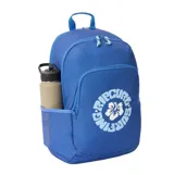 Mochila Rip Curl de 30 litros confeccionada en poliéster reciclado, color azul. Presenta un compartimento principal con cierre, bolsillo frontal con estampa circular de la marca y una flor, correas ajustables y manija superior.