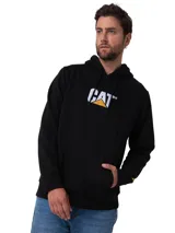 Canguro negro Caterpillar con capucha ajustable y bolsillo frontal tipo canguro. Presenta el logo de la marca bordado en el pecho en blanco y amarillo.