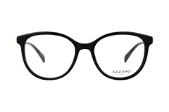 Anteojos de receta Azzaro con armazón de acetato negro de forma redondeada y detalles metálicos en las bisagras.