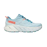Championes de running Hoka modelo Gaviota 4, color celeste con detalles en naranja y suela blanca con motas celestes.
