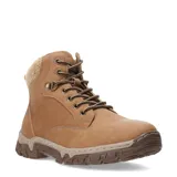 Botas acordonadas de caña baja color beige, con cuello acolchado de tejido tipo lana y suela de goma dentada antideslizante.