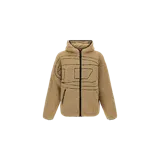 Campera de corderito Diesel de color beige con capucha, cierre frontal negro y detalles de costuras decorativas oscuras que forman el logotipo de la marca.